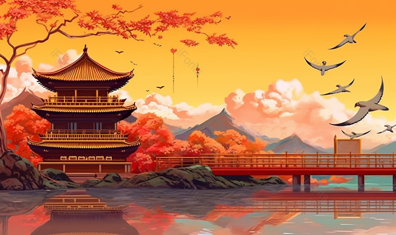 红墙银杏故宫园林建筑插画一群飞鸟飞过平静的水面,插画/手绘图,插画/手绘图库,插画/手绘图下载,插画/手绘